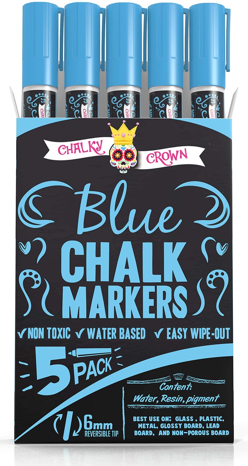 CHALKY CROWN قلم ماركر سائل تشالكي كراون - قلم مسح جاف - أقلام طباشير لعلامات السبورة، النوافذ، السبورة السوداء، الزجاج - طرف قابل للعكس 6 مم (أزرق، 5 عبوات) - Image 1